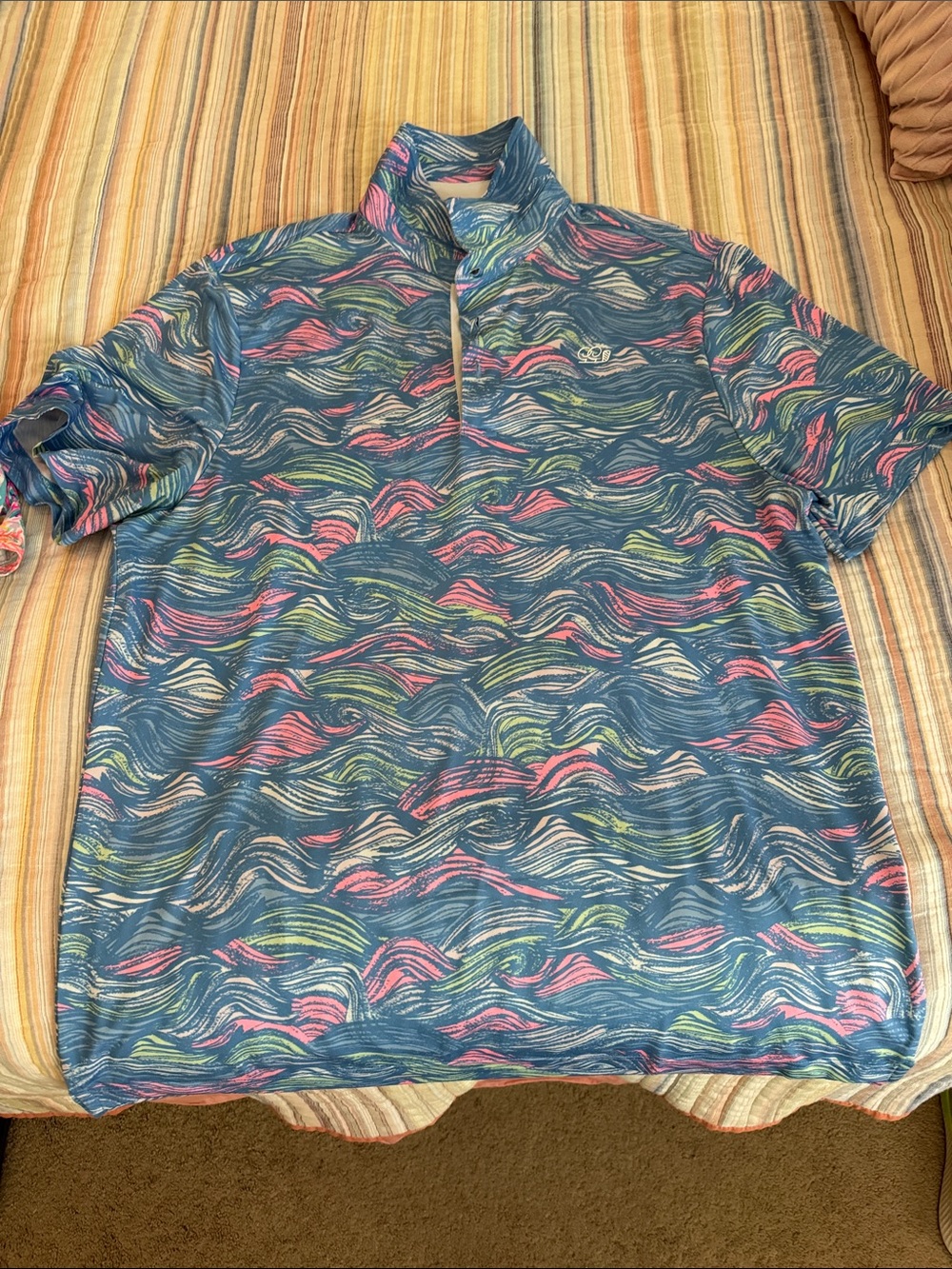 Men's Good Good Golf Polo- wave Pattern Blue with Pink & Green Size Large